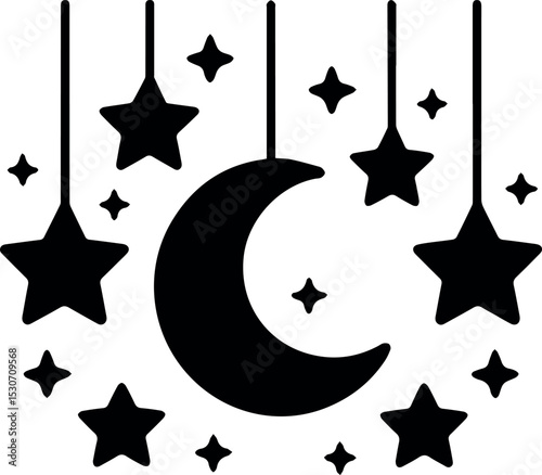 Simple crescent moon and stars night sky design illustration for baby nursery decor art cute kids icon black white sweet