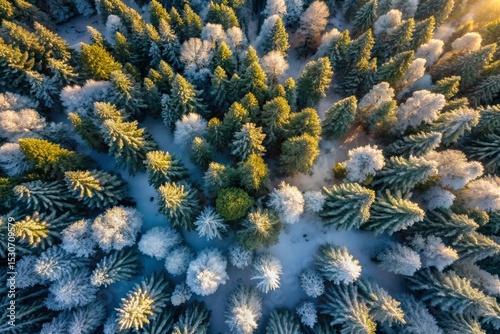 Aerial View of Snowy Evergreen Forest