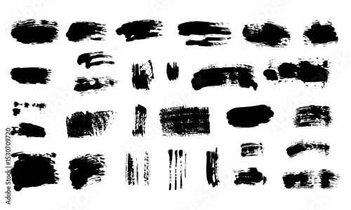 Vector illustration of brush paint elements, dirty grunge textures, Japanese and Chinese ink blot stains, isolated stroke shapes, abstract black art frame, hand drawn set, textured.
