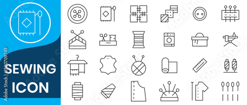 Sewing icon set. Sewing equipment and needlework. Containing tailor, needlework, dress, stitching, fabric, sewing machine, clothes, measuring tape, wool and more. Vector illustration 