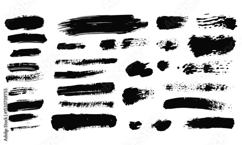 Brush stroke vector illustration set, ink stains, Japanese blot collection, black dirty texture frames, isolated shapes, grungy distressed brush paint, cutout, modern art design.
