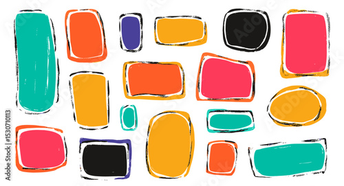 Vector illustration with hand drawn wobbly line frames, cute rounded and square torn paper forms, sketchy curved rectangles and arches, information box, kids sticker, loose edges.