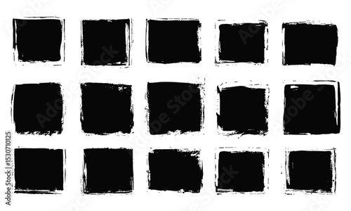Vector illustration black ink grunge brush stroke squares, abstract geometric shapes collection, rough edges, distressed rectangles, grungy punk frames, creative text box backgrounds.