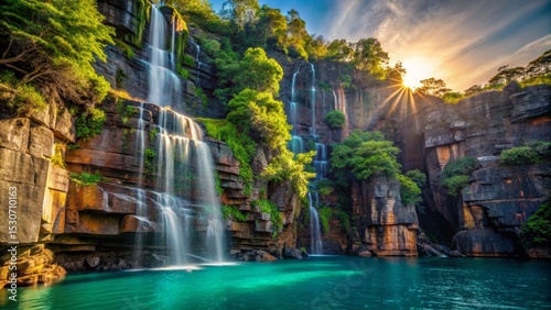 Majestic Waterfall Cascade in Lush Forest