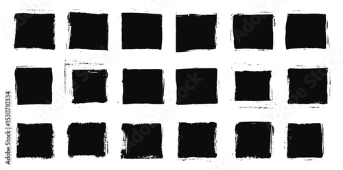 Set of vector illustration with grungy ink brush stroke squares, black abstract shapes, rough edge frames, distressed textured rectangles, punk style design, artistic grunge backgrounds.
