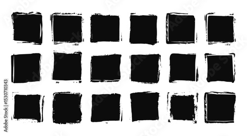 Vector illustration of grunge ink brush stroke squares, black abstract geometric shapes, rough edge punk frames, distressed rectangles, text box backgrounds, grungy art style.