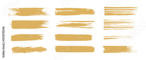 Celebration rectangle textboxes, golden hand drawn brush stroke text boxes, straight gold vector line bundle, Chinese Korean Japanese calligraphy brushstroke set, rough grunge paint