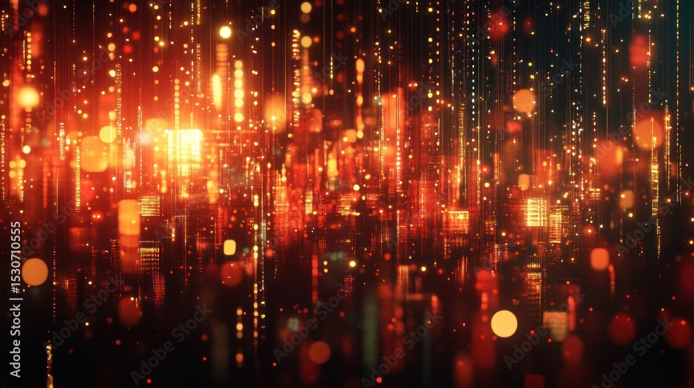 Fototapeta premium Abstract digital city scene with glowing structures and particles.