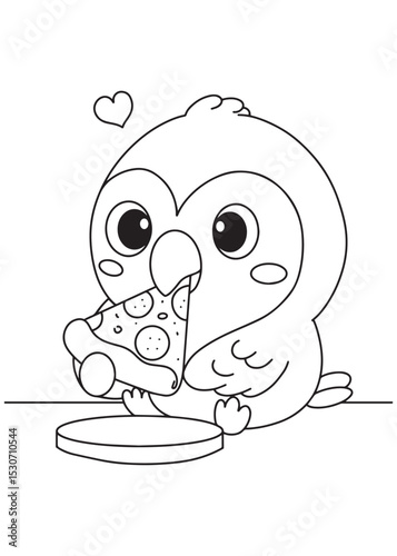 Coloring book parrot happily eating a slice of pepperoni pizza, with a sweet heart bubble above