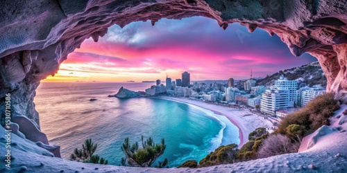 Coastal Cityscape from Cave Opening at Sunset