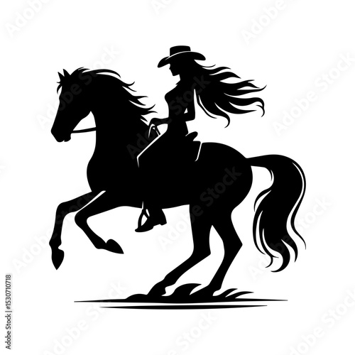 Dynamic western rider logo showcasing cowgirl with wind-swept hair mastering a rearing stallion in bold silhouette