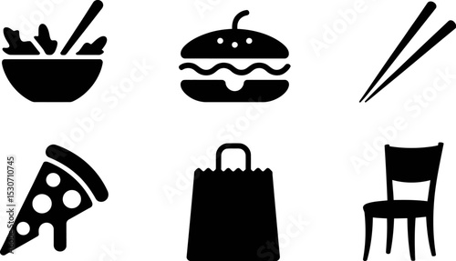 Food delivery icons set vector illustration salad burger pizza chopsticks bag chair restaurant takeout editable stock vector illustration