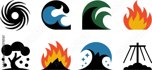 Vector illustration of natural disaster icons including hurricane fire and flood climate change concept editable stock vector illustration