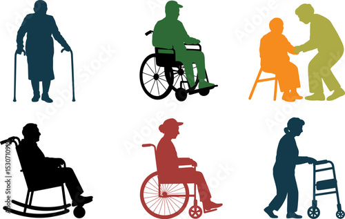 Elderly care silhouettes showcasing assisted living mobility aids and senior support for aging gracefully editable stock vector illustration