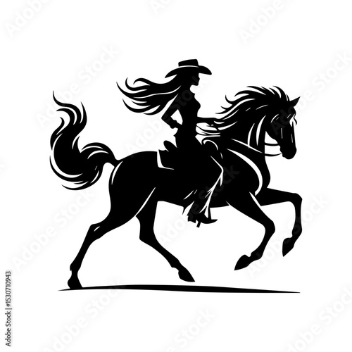 Elegant cowgirl silhouette vector logo featuring flowing hair and hat while skillfully riding a rearing horse in motion