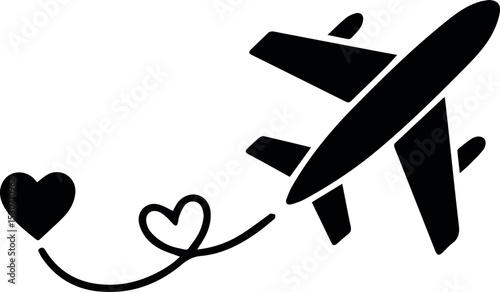 Romantic airplane travel illustration black hearts design graphic airplane flight journey love trip sky icon cute white