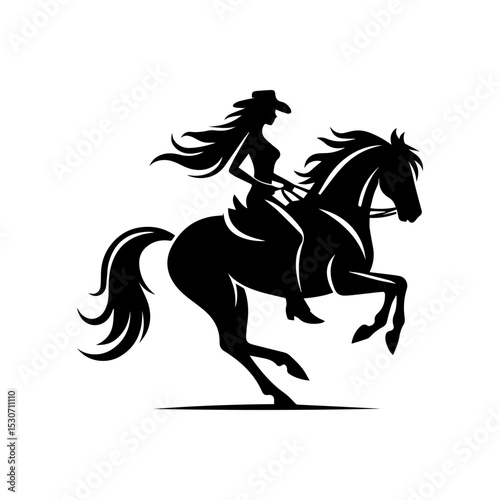 Elegant cowgirl silhouette vector logo featuring flowing hair and hat while skillfully riding a rearing horse in motion