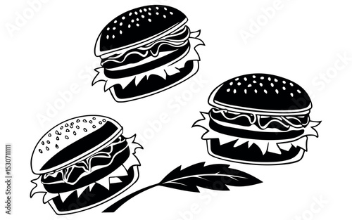 Fast food burger vector illustration set with adjustable line weight, showing detailed drawings of classic hamburgers with lettuce, cheese, buns, and toppings 