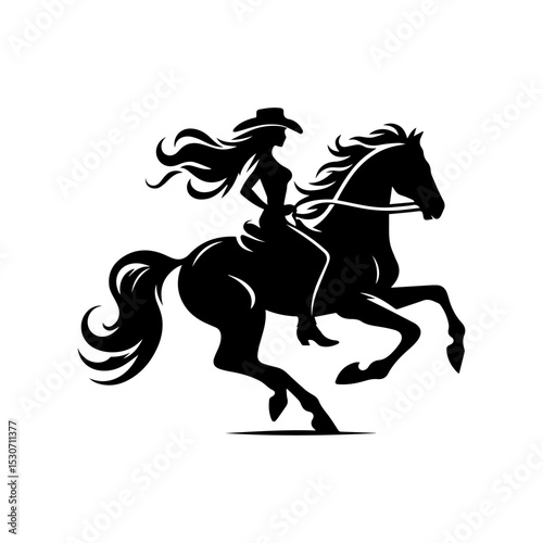 Graceful cowgirl with flowing hair and hat, skillfully riding a rearing horse, captured as a dynamic black silhouette illustration. Western concept