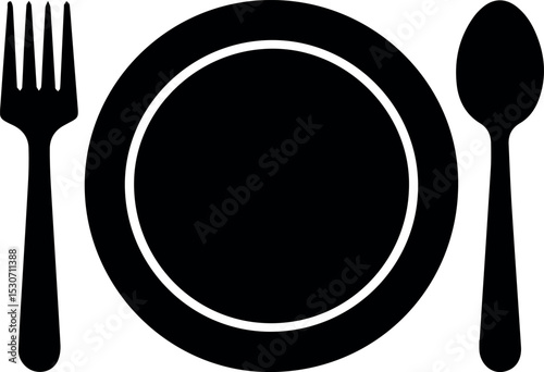 Simple black and white illustration of a plate fork and spoon dining set simple design eat art food meal icon menu flat