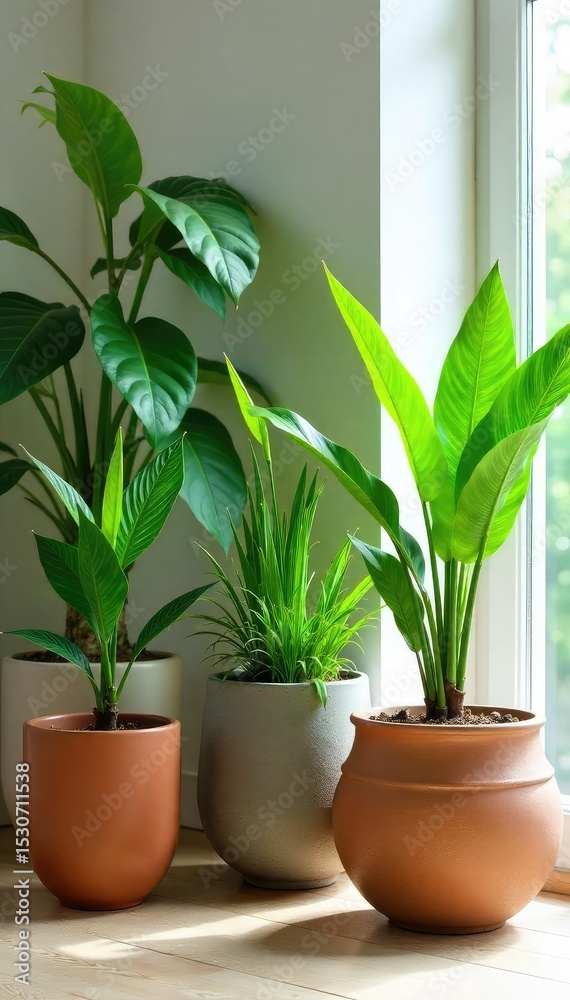 Vibrant, lush green plants in stylish modern pots add a touch of nature to a contemporary living space, creating a lively, decorative interior scene , eco-friendly, apartment decor Vibrant, lush green plants in stylish modern pots add a touch of nature to a contemporary living space, creating a lively, decorative interior scene , eco-friendly, apartment decor