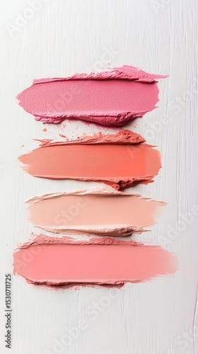 Four swatches of various shades of pink and peach makeup products.