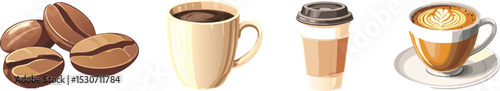 Coffee Collection: Beans, Mug, To-Go Cup, and Latte Art

