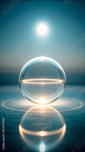 Crystal Ball on Water Reflecting Light with a Calm Blue Sky Background
