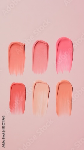 Six swatches of various shades of pink blush, displayed on a pastel pink background.