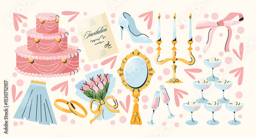 Wedding celebration stickers set cake, rings, bouquet, invitation, bridal veil, champagne glasses, mirror, shoes, and bow. Flat vector isolated illustration. Wedding ceremony romantic event concept