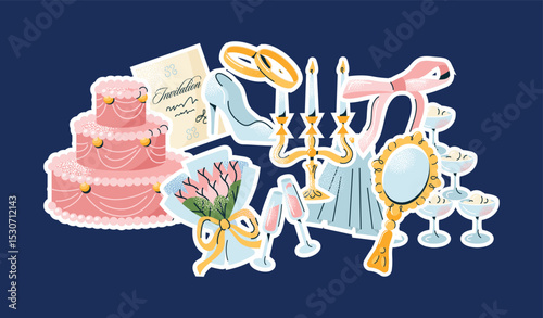 Wedding celebration stickers set cake, rings, bouquet, invitation, bridal veil, champagne glasses, mirror, shoes, and bow. Flat vector isolated illustration. Wedding ceremony romantic event concept