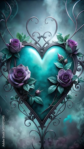 Elegant Heart Shaped Frame with Purple Roses and Teal Background