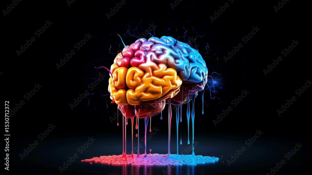 Multicolored brain melting and dripping paint, isolated on a black background, dopamine fasting digital detox concept
