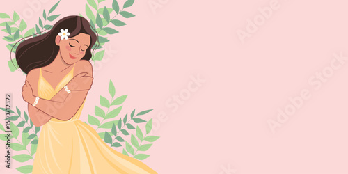 Peaceful woman hugging herself with closed eyes on pink background, surrounded by green leaves, self-love and body positivity concept.
