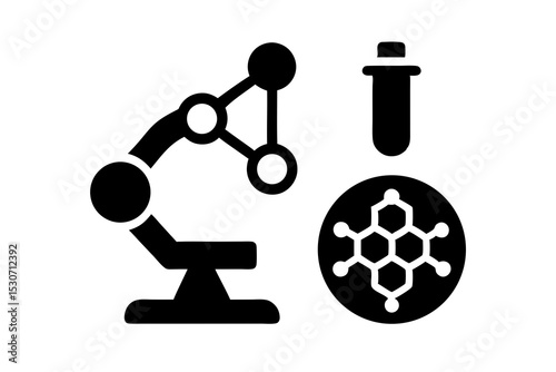 Scientific Research Lab Microscope Icon with Molecule, Chart, Petri Dish & Dropper – Science & Lab Equipment