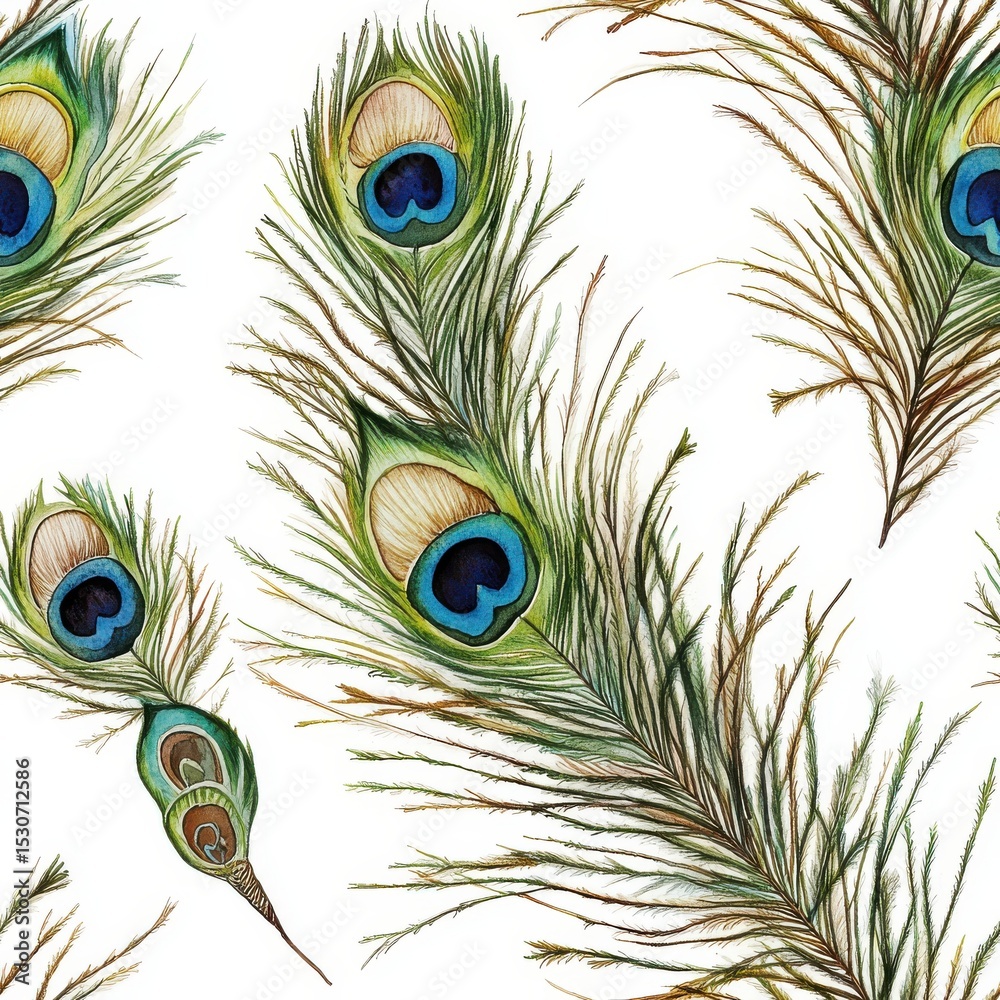 Fototapeta premium Watercolor illustration of vibrant peacock feathers, arranged in a seamless pattern against a white background.
