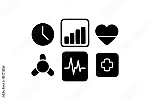 Health App Icon Design with Bar Chart, Watch, Heart & Pill Icons – Fitness & Medical Tracking