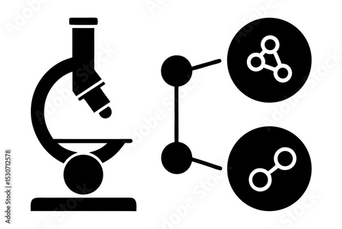Scientific Research Lab Microscope Icon with Molecule, Chart, Petri Dish & Dropper – Science Lab Equipment Illustration