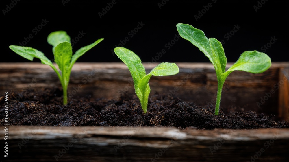 Three young green seedlings growing in rich, dark soil within a wooden container. Three young green seedlings growing in rich, dark soil within a wooden container.