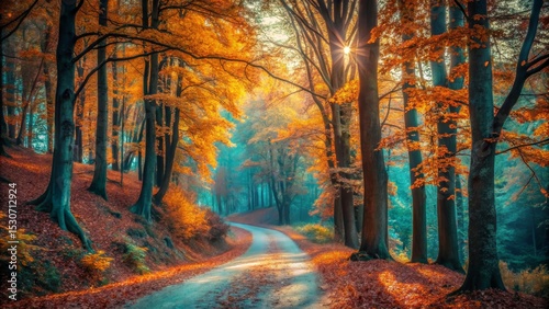 Autumn Forest Road with Golden Sunlight