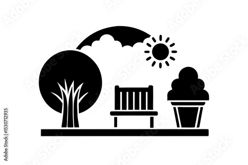 Public Park Icon Vector - Tree, Bench, Sun & Recycle Bin Symbol for Green Spaces