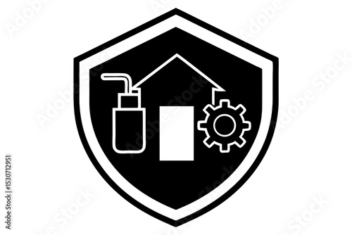 Home Safety Shield Icon with Fire Extinguisher, Alarm & Gear – Protection Symbol