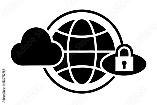 Secure Global Network Icon – Lock, Satellite, Firewall & Cloud Security Symbols