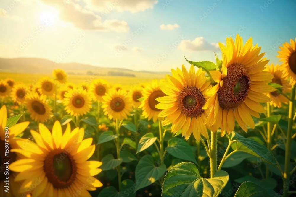 Fototapeta premium A field of vibrant sunflowers bathed in sunlight, representing the boundless connection of Sunflower Internet Perfect for internet, technology, and nature-themed projects , boundless, access