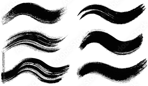 Thick brush stroke waves, wavy ink lines, black hand drawn Asian calligraphy, Japanese and Chinese calligraphic squiggles, wide textured flow lines, vector illustration.