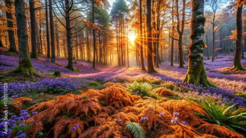 Sunlit Forest with Bluebells and Ferns