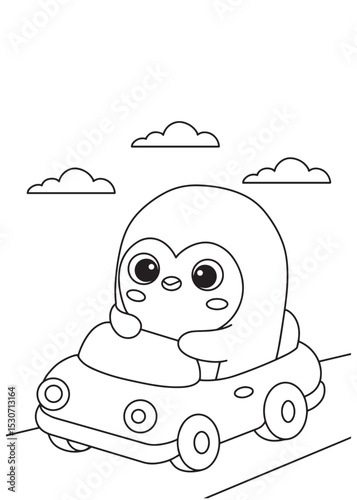 Coloring book penguin cutely driving a charming little car, enjoying a joyful ride under fluffy clouds