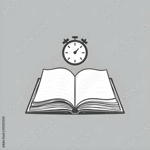 Single vector icon in black and white of an open book with a small clock symbol above it, minimalist line art, lifestyle of slow living and learning, no background