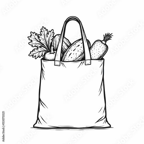 Black and white minimalist vector icon of a reusable shopping bag filled with vegetables and bread, clean line art, healthy lifestyle and sustainability, no background