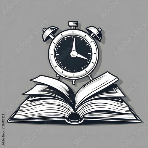 Single vector icon in black and white of an open book with a small clock symbol above it, minimalist line art, lifestyle of slow living and learning, no background